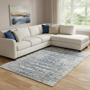 HomeRoots 9' X 12' Blue-Gray & Beige Moroccan Washable Area Rug - UV Protected, Stain Resistant & Soft Touch 710507