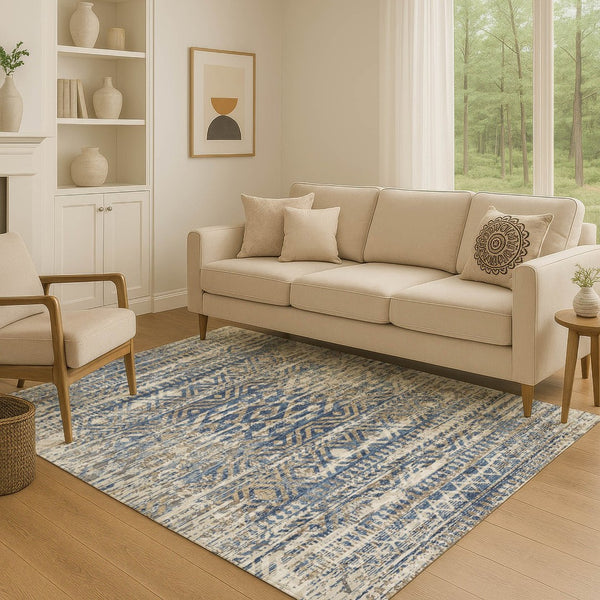 HomeRoots 9' X 12' Blue-Gray & Beige Moroccan Washable Area Rug - UV Protected, Stain Resistant & Soft Touch 710507