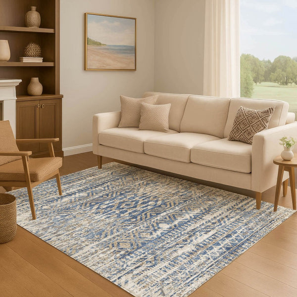 HomeRoots 9' X 12' Blue-Gray & Beige Moroccan Washable Area Rug - UV Protected, Stain Resistant & Soft Touch 710507