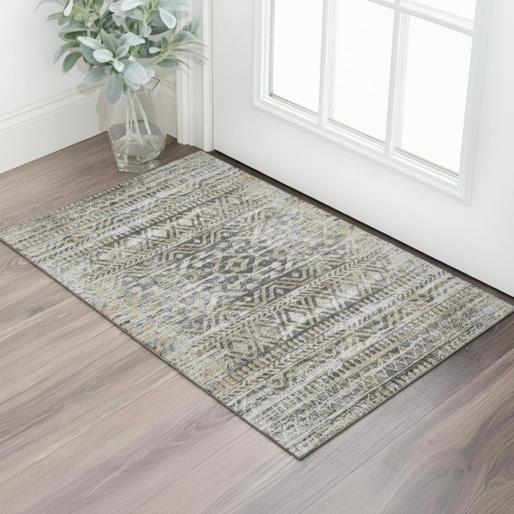HomeRoots 5' X 8' Gray Gold Ivory Moroccan Area Rug - Washable, Stain Resistant, UV Protected for Stylish Living 710510