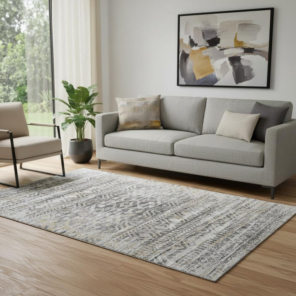 HomeRoots 8' Gray Gold and Ivory Moroccan Round Rug – Washable, Stain Resistant & UV Protected for Busy Homes 710511
