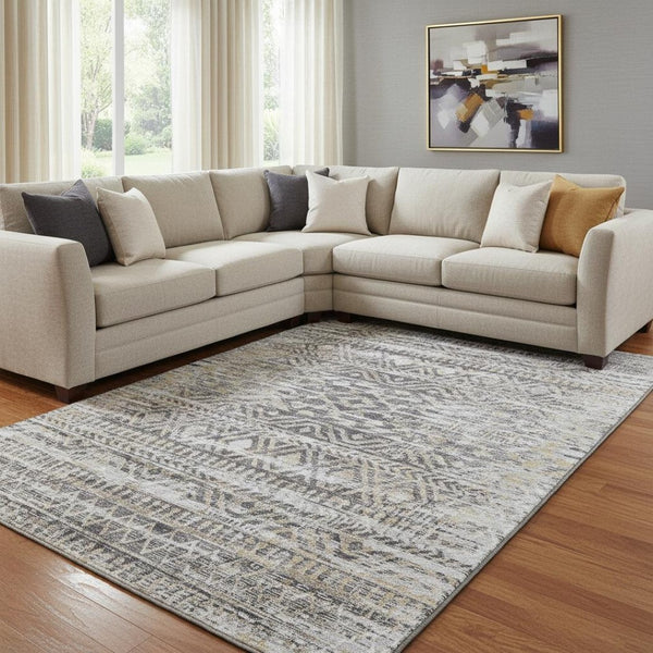 HomeRoots 9' X 12' Moroccan-Inspired Washable Area Rug - Gray, Gold & Ivory, UV Protected for High-Traffic Spaces 710513