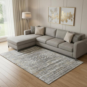 HomeRoots 10' Gray Gold Ivory Moroccan Area Rug - Washable, UV Protected, Non-Slip for Indoor & Outdoor Use 710514