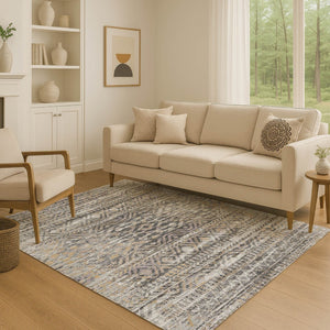 HomeRoots 10' Gray Gold Ivory Moroccan Area Rug - Washable, UV Protected, Non-Slip for Indoor & Outdoor Use 710514