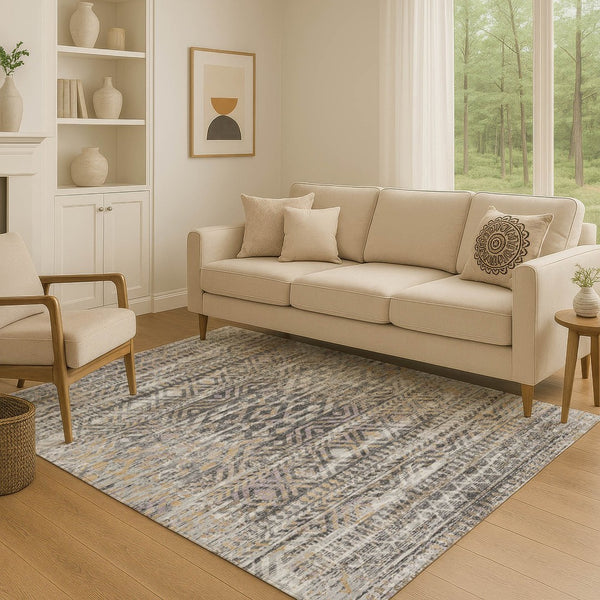 HomeRoots 10' Gray Gold Ivory Moroccan Area Rug - Washable, UV Protected, Non-Slip for Indoor & Outdoor Use 710514