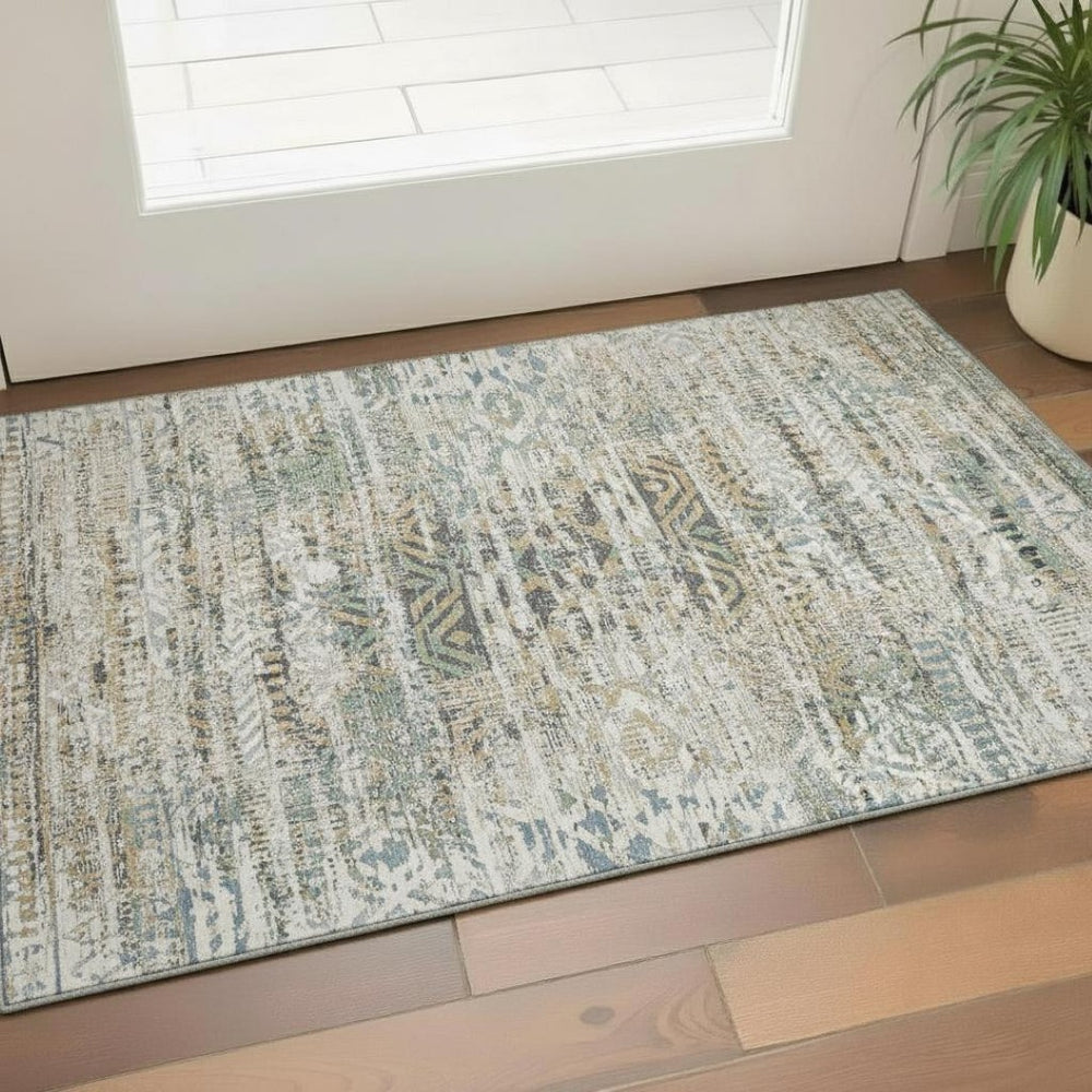 HomeRoots 5' X 8' Ivory Beige & Charcoal Moroccan Area Rug - Washable, Stain-Resistant, UV Protection & Durable 710516