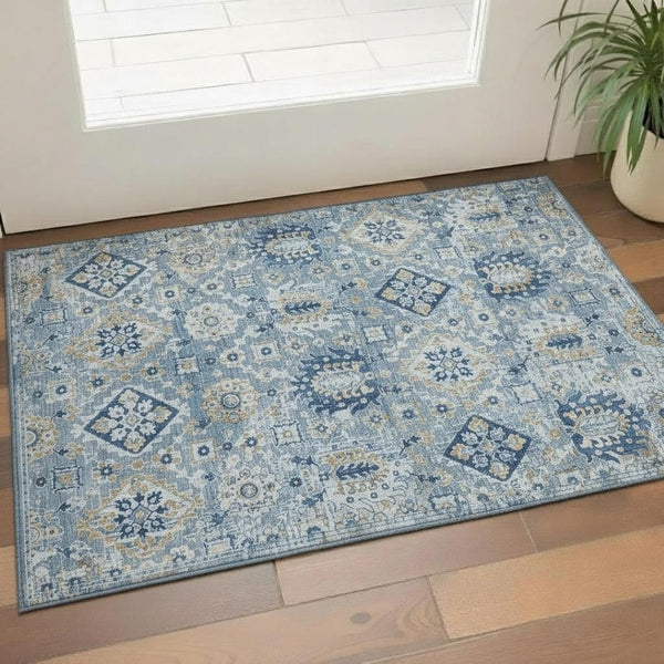 HomeRoots 5' Denim Blue & Gold Oriental Area Rug - Washable, UV Protected, Stain Resistant for Busy Homes 710522
