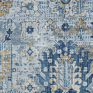 HomeRoots 5' Denim Blue & Gold Oriental Area Rug - Washable, UV Protected, Stain Resistant for Busy Homes 710522