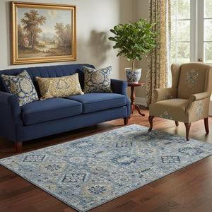 HomeRoots 8' Denim Blue & Gold Oriental Washable Round Rug - UV Protected, Stain Resistant, Non-Slip Design! 710523