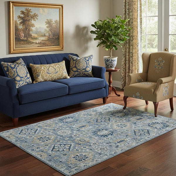HomeRoots 8' Denim Blue & Gold Oriental Washable Round Rug - UV Protected, Stain Resistant, Non-Slip Design! 710523