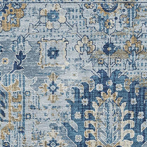 HomeRoots 8' Denim Blue & Gold Oriental Washable Round Rug - UV Protected, Stain Resistant, Non-Slip Design! 710523