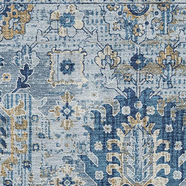 HomeRoots 8' Denim Blue & Gold Oriental Washable Round Rug - UV Protected, Stain Resistant, Non-Slip Design! 710523