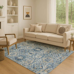 HomeRoots 9' X 12' Denim Blue & Gold Oriental Area Rug – Stain-Resistant, UV-Protected, Durable & Elegant! 710525