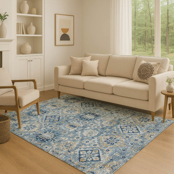 HomeRoots 9' X 12' Denim Blue & Gold Oriental Area Rug – Stain-Resistant, UV-Protected, Durable & Elegant! 710525