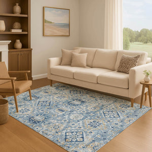 HomeRoots 9' X 12' Denim Blue & Gold Oriental Area Rug – Stain-Resistant, UV-Protected, Durable & Elegant! 710525