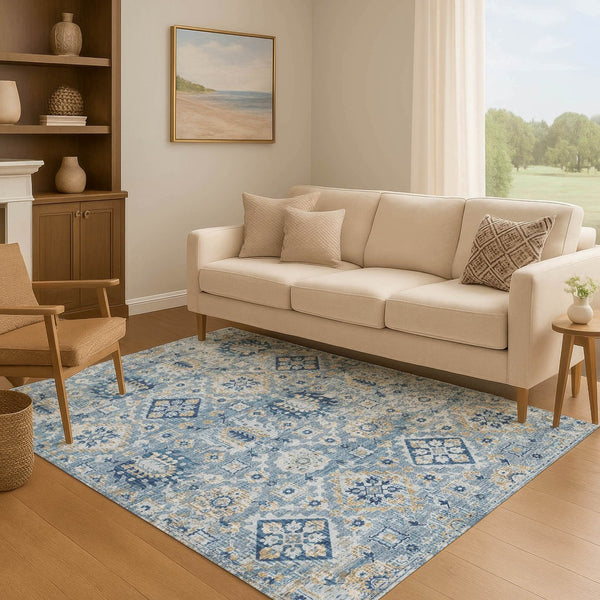 HomeRoots 9' X 12' Denim Blue & Gold Oriental Area Rug – Stain-Resistant, UV-Protected, Durable & Elegant! 710525