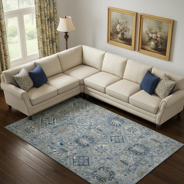 HomeRoots 10' Denim Blue and Gold Oriental Area Rug - Durable, Washable, UV Protected for High-Traffic Homes 710526