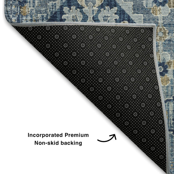 HomeRoots 10' Denim Blue and Gold Oriental Area Rug - Durable, Washable, UV Protected for High-Traffic Homes 710526