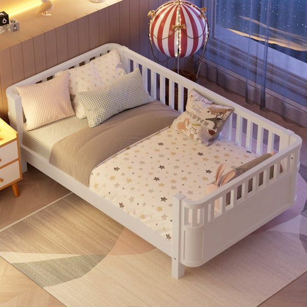 English Elm Twin Low Profile Pine Wood Kids Bed with Safety Rails and Fence Style Headboard W2593P367041