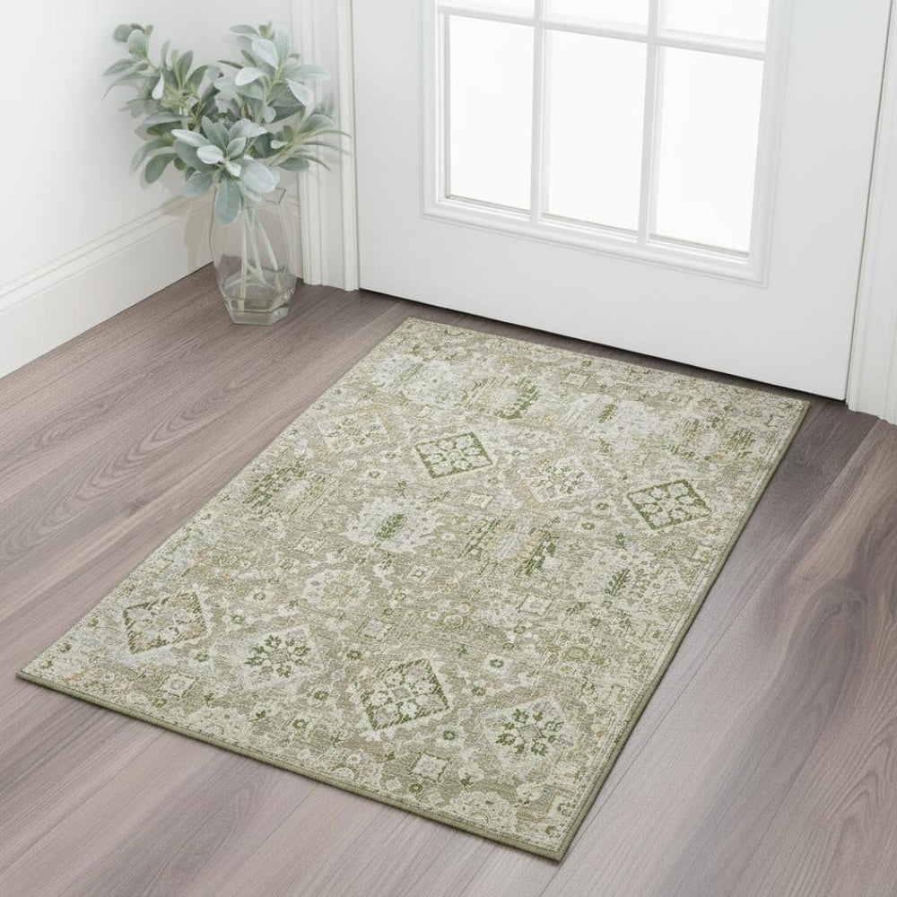 HomeRoots 5' X 8' Fern Green and Beige Oriental Area Rug - Washable, UV Protected, Durable for High-Traffic Spaces 710528