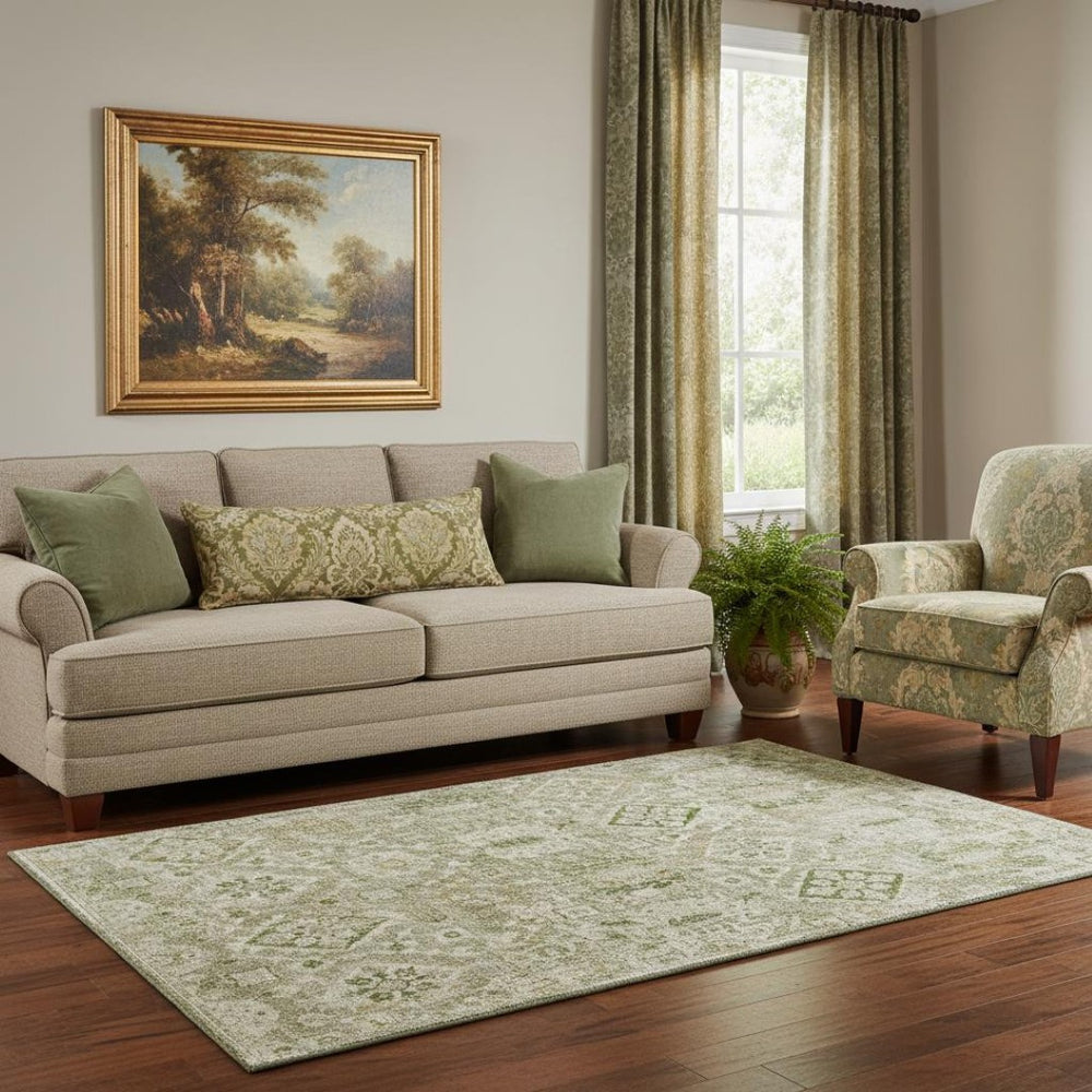HomeRoots 8' Fern Green and Beige Oriental Round Rug - Durable, UV-Protected, Stylish for Indoor & Outdoor Use 710529