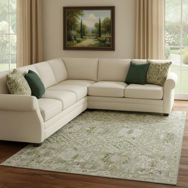 HomeRoots 9' x 12' Washable Fern Green & Beige Oriental Area Rug with UV Protection - Durable & Stylish Design 710531