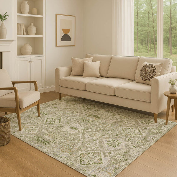HomeRoots 9' x 12' Washable Fern Green & Beige Oriental Area Rug with UV Protection - Durable & Stylish Design 710531