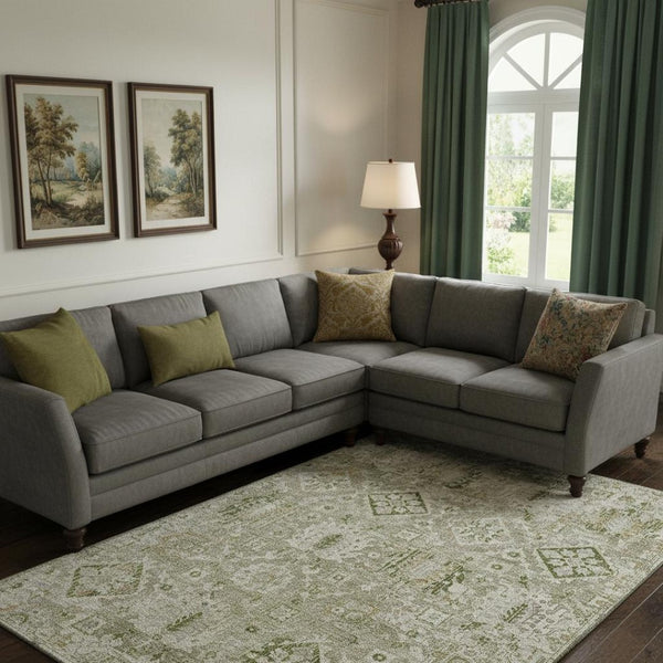 HomeRoots 10' X 14' Fern Green & Beige Oriental Area Rug - Stylish, Washable, UV Protected for Busy Homes 710532