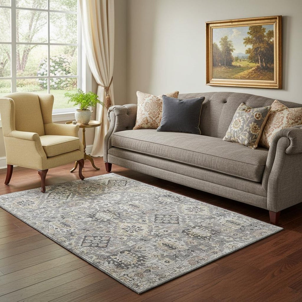 HomeRoots 8' Gray and Silver Washable Round Rug with UV Protection - Durable, Stain Resistant, Stylish Design! 710535