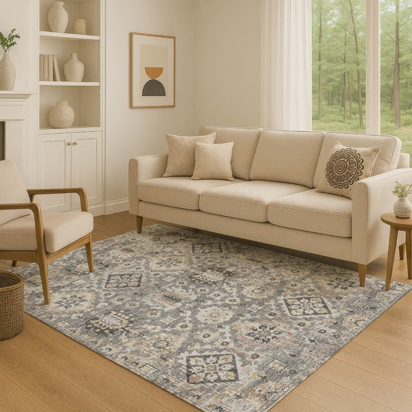 HomeRoots 8' Gray and Silver Washable Round Rug with UV Protection - Durable, Stain Resistant, Stylish Design! 710535