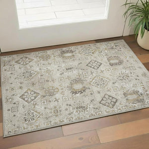 HomeRoots 5' X 8' Elegant Linen & Ivory Oriental Washable Area Rug with Stain Resistance & UV Protection 710540