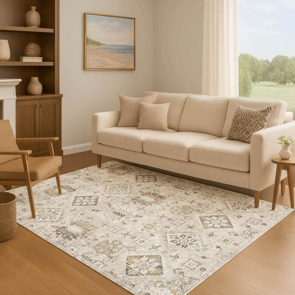 HomeRoots 5' X 8' Elegant Linen & Ivory Oriental Washable Area Rug with Stain Resistance & UV Protection 710540