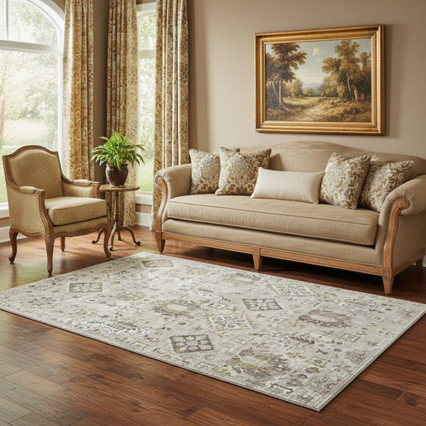 HomeRoots 8' Linen and Ivory Oriental Washable Round Rug - Stain-Resistant, UV Protected, Durable Design! 710541