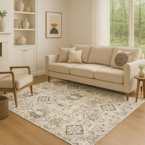 HomeRoots 8' Linen and Ivory Oriental Washable Round Rug - Stain-Resistant, UV Protected, Durable Design! 710541