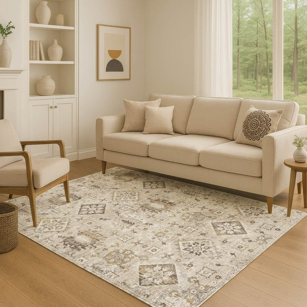 HomeRoots 8' Linen and Ivory Oriental Washable Round Rug - Stain-Resistant, UV Protected, Durable Design! 710541