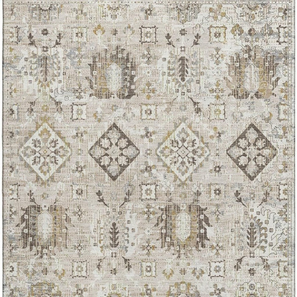 HomeRoots 8' Linen and Ivory Oriental Washable Round Rug - Stain-Resistant, UV Protected, Durable Design! 710541