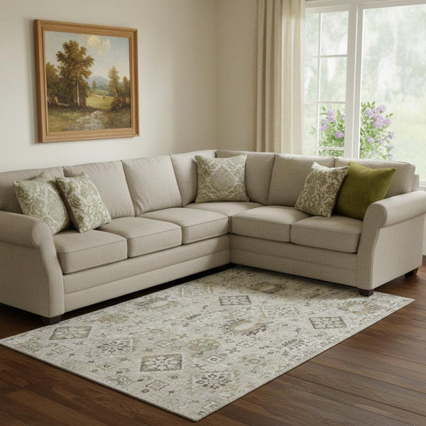 HomeRoots 9' X 12' Linen and Ivory Oriental Area Rug - Washable, UV Protected, Stain Resistant for Durability 710543