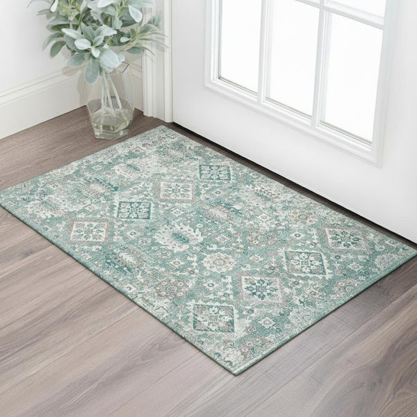 HomeRoots 5' X 8' Pale Aqua & Ivory Oriental Washable Area Rug with UV Protection for Homes with Kids & Pets 710546