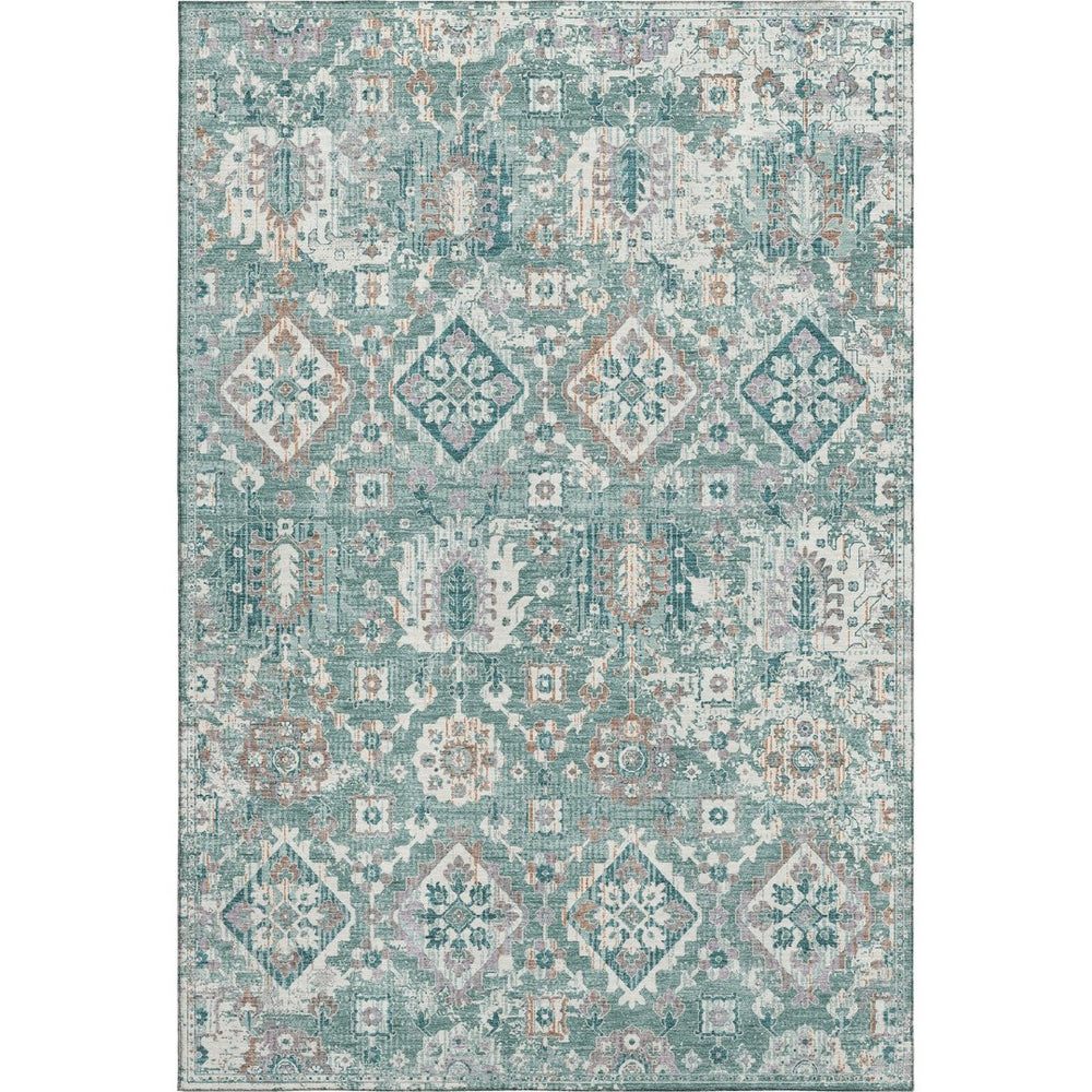 HomeRoots 5' X 8' Pale Aqua & Ivory Oriental Washable Area Rug with UV Protection for Homes with Kids & Pets 710546