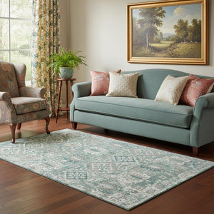 HomeRoots 8' Pale Aqua and Ivory Oriental Washable Round Rug - Stain Resistant, UV Protected, Kid Friendly! 710547