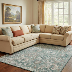 HomeRoots 9' X 12' Pale Aqua and Ivory Oriental Area Rug – Washable, Stain-Resistant, UV Protected for Durability 710549