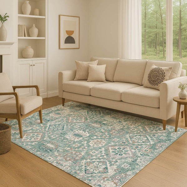 HomeRoots 9' X 12' Pale Aqua and Ivory Oriental Area Rug – Washable, Stain-Resistant, UV Protected for Durability 710549