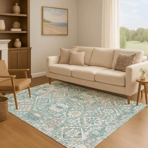 HomeRoots 9' X 12' Pale Aqua and Ivory Oriental Area Rug – Washable, Stain-Resistant, UV Protected for Durability 710549