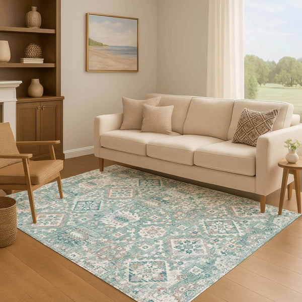 HomeRoots 9' X 12' Pale Aqua and Ivory Oriental Area Rug – Washable, Stain-Resistant, UV Protected for Durability 710549
