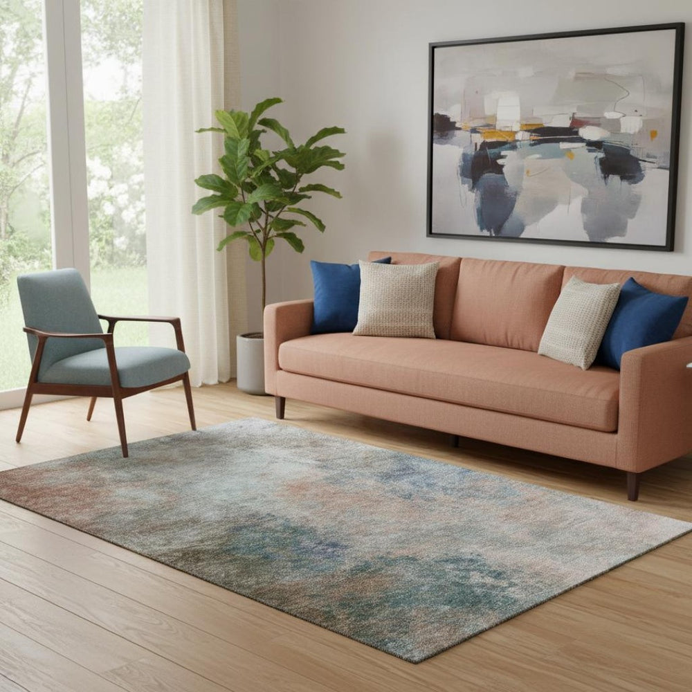 HomeRoots 8' Stylish Copper and Blue Abstract Washable Round Rug with UV Protection for Easy Care and Durability 710553