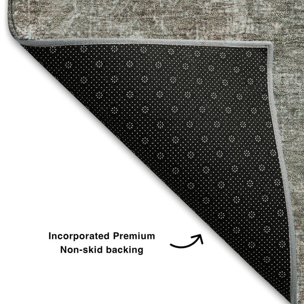 HomeRoots 8' Stylish Copper and Blue Abstract Washable Round Rug with UV Protection for Easy Care and Durability 710553