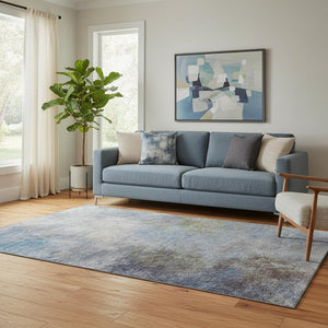HomeRoots 8' Denim Blue & Brown Abstract Washable Round Rug - Durable, UV-Protected, Easy-Care Design for Any Room 710559