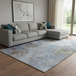 HomeRoots 9' X 12' Denim Blue & Brown Abstract Area Rug - Washable, UV-Protected, Durable for Active Homes! 710561