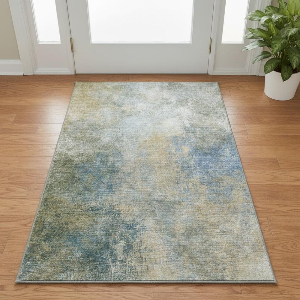 HomeRoots 5' X 8' Khaki Blue Gold Abstract Area Rug - Washable, UV Protected, Durable, Modern Design for Any Space 710570