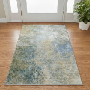 HomeRoots 5' X 8' Khaki Blue Gold Abstract Area Rug - Washable, UV Protected, Durable, Modern Design for Any Space 710570